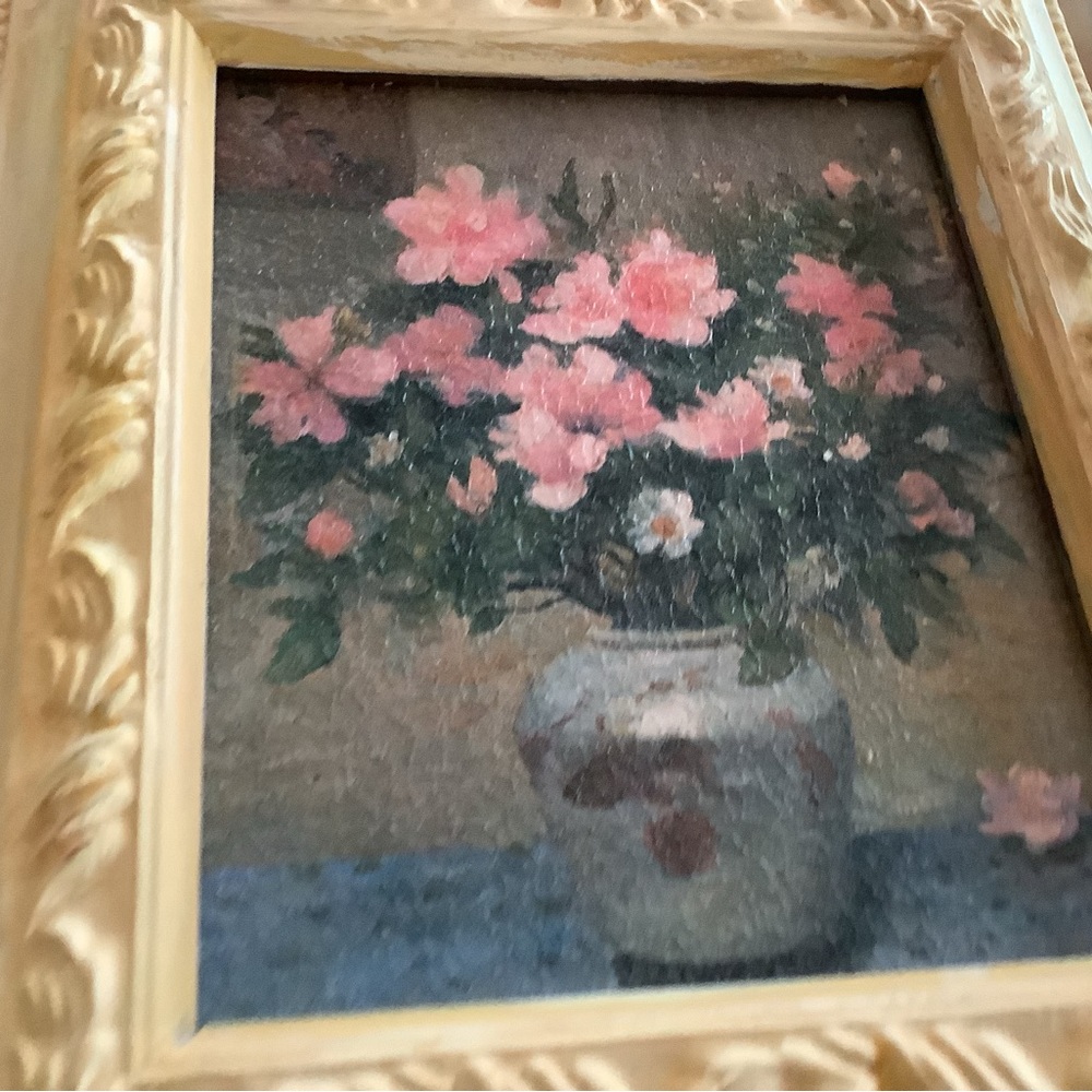 Two lovely “ paintings” for your decor..plus dollhouse size stand with flowers